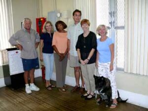 l to r: John Grey of Friendly Construction, Building Committee chairman Kathy Mitchell, President Alice Sakhnovsky, Louis Friend owner of Friendly, architect Susan McClellan and Annette Ross having our Kick-Off meeting for the Board Room Windows project......yippee!!! Please note the most special new member Mojo (the short one with dark hair and leash).......she is Annette's dog, happily participating prior to a doctor visit.